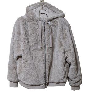 Athleta Ritual faux fur hooded sherpa bomber full zip jacket abalone beige M/L